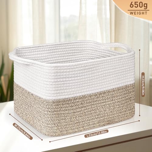 Lychico Cotton Rope Woven Basket with Handles for Shelves,Toys,Book, Cloth Storage Baskets Bin for Organizing, 33x25x22.5cm Toy Decorative Organizer for Living Room, Bathroom - White&Brown - Cosy Home Interiors Lychico Cotton Rope Woven Basket with Handles for Shelves,Toys,Book, Cloth Storage Baskets Bin for Organizing, 33x25x22.5cm Toy Decorative Organizer for Living Room, Bathroom - White&Brown - Image 2