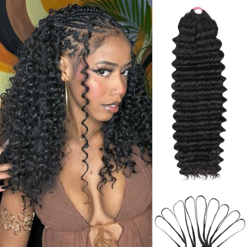 Human Crochet Hair for Black Women Deep Wave Invisible Miracle Knots Crochet Human Hair 18 Inch 120g Pre-Separated Feather Lightweight Reusable Crochet Hair Extensions Natural Black