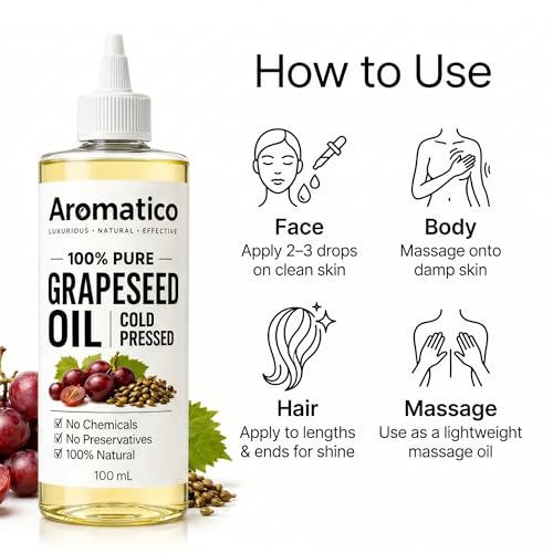 Image of AROMATICO Cold Pressed Grapeseed Oil for Skin & Hair - Lightweight Grape Seed Oil for Oily Scalp, Glowing Skin & Body Massage | 100ml
