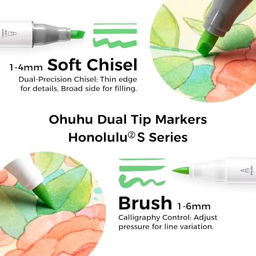 Image of Ohuhu Alcohol Markers 48 Pastel Colors Brush Soft Chisel for Adults Drawing