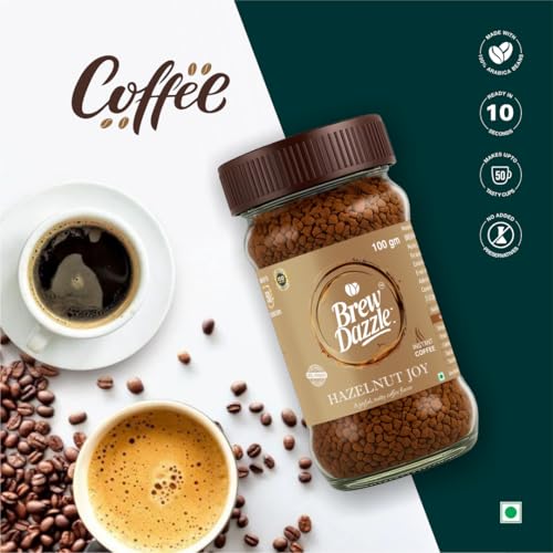 Image of BREW DAZZLE Hazelnut Joy | 100% Arabica Instant Coffee | Aromatic and Smooth Pack | Rich Aroma Hazelnut Flavoured Coffee Granules (100g)