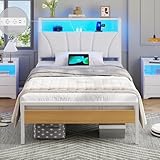 Brinlawb Bett 90x200 mit Lattenrost aus Metall, Bettgestell 90x200 cm mit LED Beleuchtung, Jugendbett 90x200 mit Kopfteil und Ladestation(2 AC-Steckdosen,2 USB-Anschlüsse) Metallbett einzelbett Weiß
