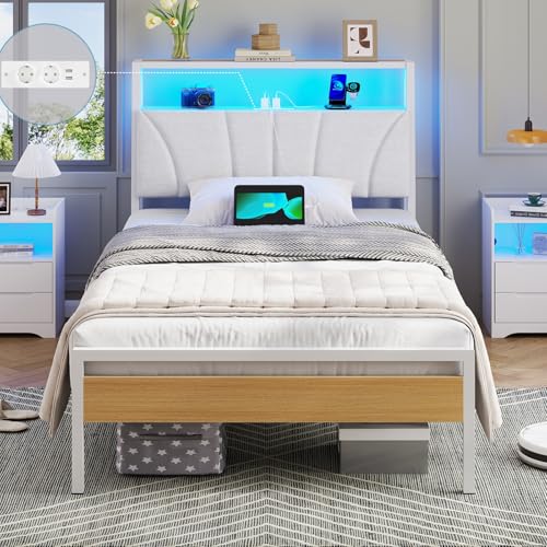 Brinlawb Bett 90x200 mit Lattenrost aus Metall, Bettgestell 90x200 cm mit LED Beleuchtung, Jugendbett 90x200 mit Kopfteil und Ladestation(2 AC-Steckdosen,2 USB-Anschlüsse) Metallbett einzelbett Weiß