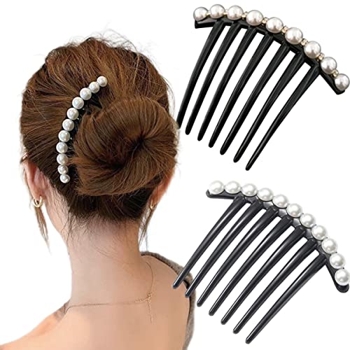 Yusier 2 PCS Vintage Pearl Rhinestone Black Hair Comb Clip Hair Styling and Hair Accessories Tool Side Comb Hair Bun Decorated for Women(C)