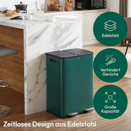 Image of CASABEL Tri Selectif Bin 60L - 2 x 30 L Bin with Pedal, Stainless Steel, Dark Green Anti-Fingerprint, Double Compartments, Kitchen Bin, with Removable Bins, Handles, Silent Lids, 2 x 30 L