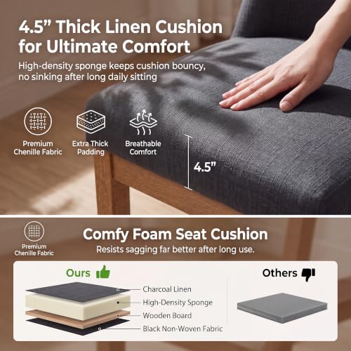 Image of Charcoal Linen Dining Chairs Set of 2, Soft Upholstered Dining Room Chairs | Comfortable Back Support, Sturdy Brushed Solid Wood Legs, Modern Farmhouse Kitchen Chairs for Living Room, Home, Apartment