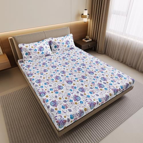 Image of Divine Casa Cotton Double Bed Sheet Fitted (200 x 150 CM) with 2 Pillow Covers | Double Fitted Bedsheet | Soft Breathable Elastic Bedsheet Double | Mattress Sheet 200x150