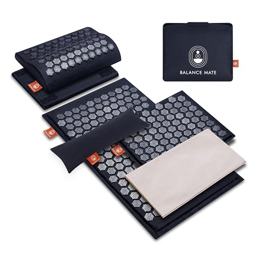 BalanceMate™ Acupressure Mat Set with 6,210 Pressure Points for Pain Relief and Relaxation Kit for Back, Neck, and Sleep – Yoga and Meditation Pillow (Deep Black)