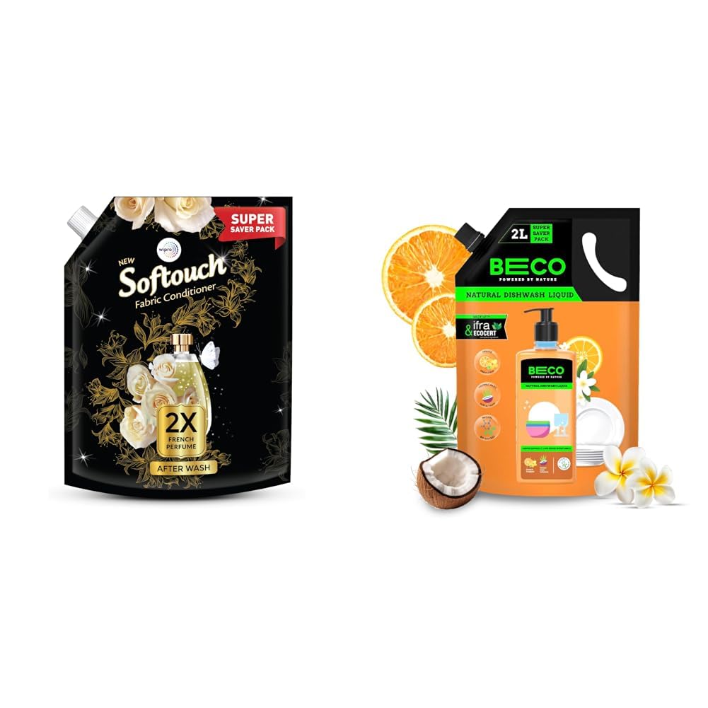 SofTouch 2X French Perfume Fabric Conditioner Refill Pack by Wipro, 2000ml & Beco Natural Dishwasher Liquid Refill | 2L Pack | Anti-Bacterial Formula | Orange Citrus Freshness | Ecofriendly Dish-image-35