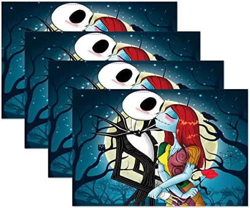 4Pcs Christmas Placemats, Skellington Jack and Sally Placemats, Heat Resistant Washable Table Place Mats for Kitchen Dining Table, Nightmare Before Christmas Decorations and Supplies Dinner Table Mats