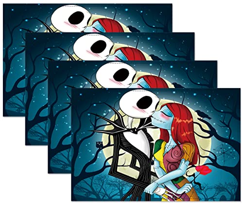 4Pcs Christmas Placemats, Skellington Jack And Sally Placemats, Heat Resistant Washable Table Place Mats For Kitchen Dining Table, Nightmare Before Christmas Decorations And Supplies Dinner Table Mats #TOP2