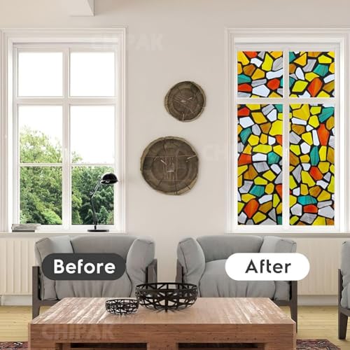 Image of CHIPAK Premium Vinyl Privacy Stained Window Glass Film (12x100 Inch) - Self-Adhesive Decorative Sticker Opaque Sheet Tint Wallpaper for Glass Cover Window, Door, Office, Home.| Anti-UV. 6D Stones