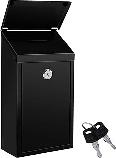 Metal Donation Box with Locking Suggestion Slot and Key - Wall Mounted Mailbox for Cash, Home Office, Outdoor (Black)