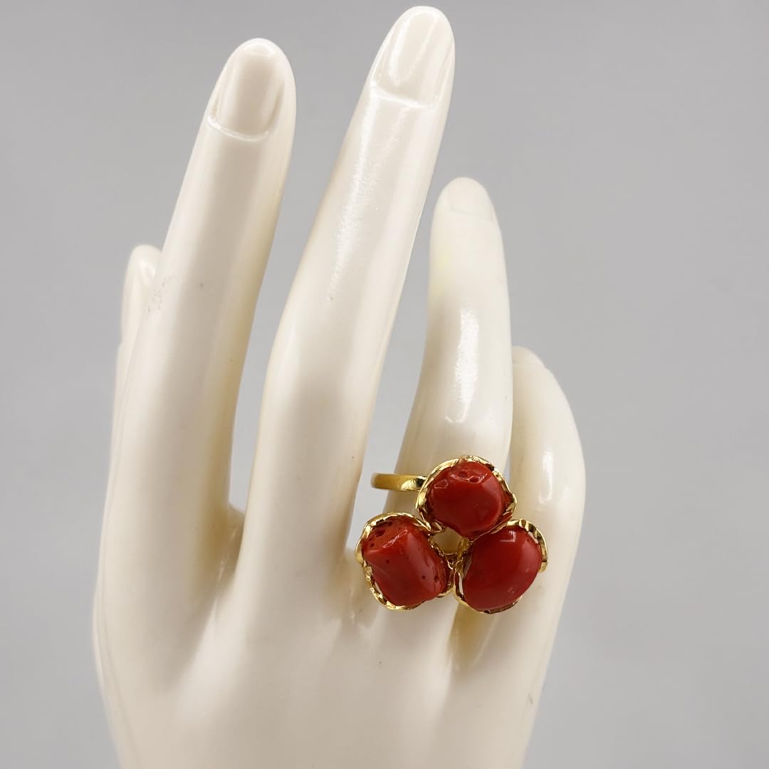 Anello da donna e ragazza miusra regolabile in argento 925 dorato con tripla spola barocca corallo rosso naturale del Mediterrano gioiello unico artigianale