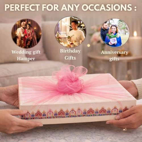 Image of SATYAM KRAFT 3 Pcs Multipurpose Decorative Folding Gift Box, Gift hampers | Paper Gift Hamper Boxes for wedding Return Gifts, Sweets, DIY Craft | Rectangular Cardboard Tray with Net (Cream)