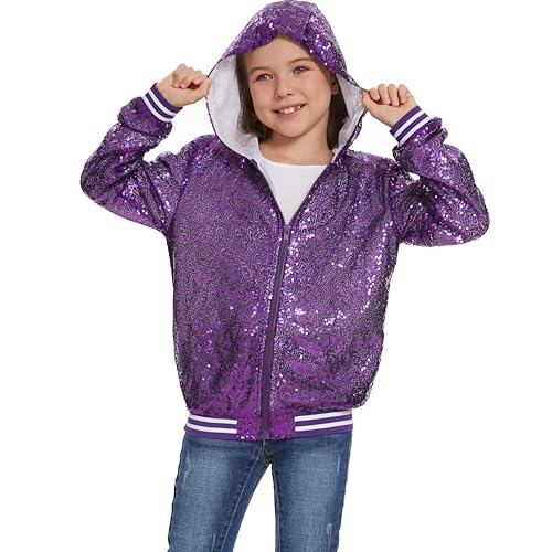 Girl Sequin Jacket Kid Sparkly Varsity Jackets Long Sleeve Lightweight Hooded Cardigan Metallic Shiny Coat