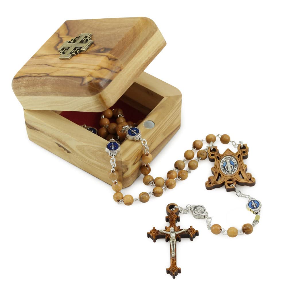 RosaryMartOlive Wood Beads Rosary and Jerusalem Cross Rosary Box, Olive Wood