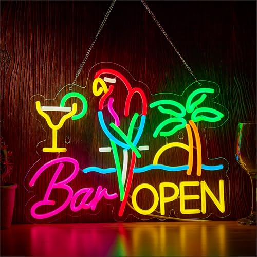 Image of Bar Open Neon Sign for Wall Decor, Parrot Open Beer Bar LED Light Up Dimmable Signs Compatible with Timer for Pub Party Man Cave Room Restaurant Business Party Art Decor Gift