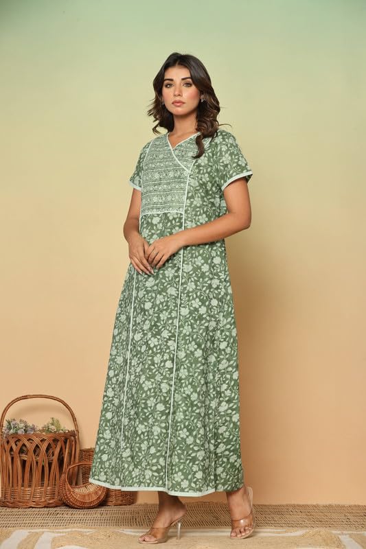 Image of NIHSAMAH Cotton Night Gown for Women - Angrakha Style Nighty, Comfortable Sleepwear /Nightwear /Maxi