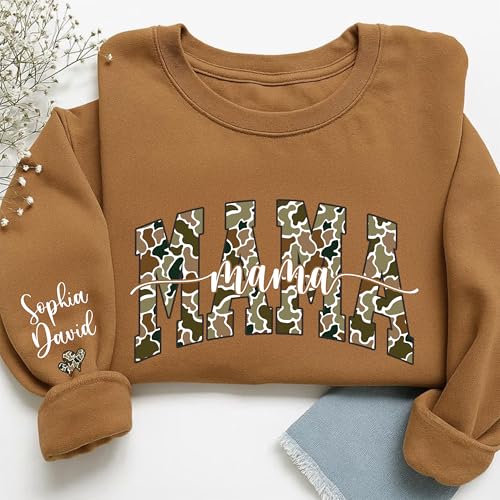 Custom Camouflage Mama Sweatshirt with Grandkids Names on Sleeve, Camo Varsity Mama Hoodie, New Mom Gift2