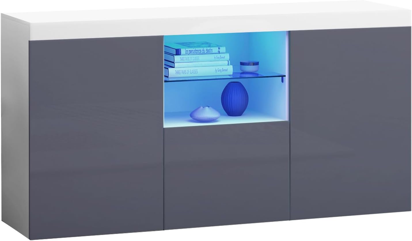 Modern Hight Gloss Front Livingroom Cabinet with 3 Door, RBG LED Cupboard Sideboard Display Storage TV Unit Stand (Grey)