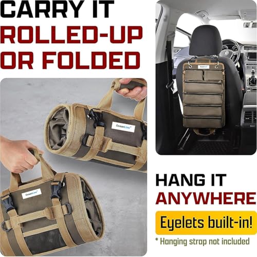 Image of OceanLive Roll Up Tool Bag 7 Pockets Heavy Duty 1680D Oxford Polyester Water Resistant Tool Kit Bag for Electrician Service Engineer with Detachable Pouches Shoulder Strap Sea Green