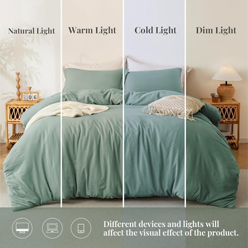 Image of MILDLY Duvet Cover Twin Ultra Soft Comforter Cover Set 2pcs, Sage Green | Washed Microfiber Cotton-Like, Breathable Comfort, Hidden Zipper, Corner Ties, OEKO-TEX Certified, Fade Resistant