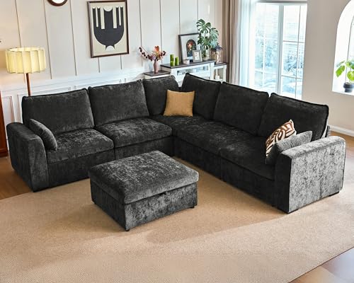 Image of 120.1'' Oversized Modular Sectional Sofa Plush Cloud Couch with Storage, Convertible Deep L-Shaped Sofa Set for Living Room, 6-Seater with Corner and Ottoman, Chenille, Black