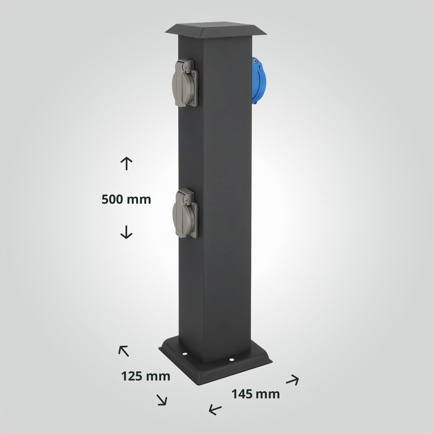 LED Universum - Steckdosensäule „Cyril“ 50cm anthrazit mit 2 x Typ F + 1 x CEE Steckdose Außensteckdose Gartensteckdose Wohnmobil CEE Campingbuchse 230 V Energiesäule 50 x 12,5 x 14,5 cm IP44
