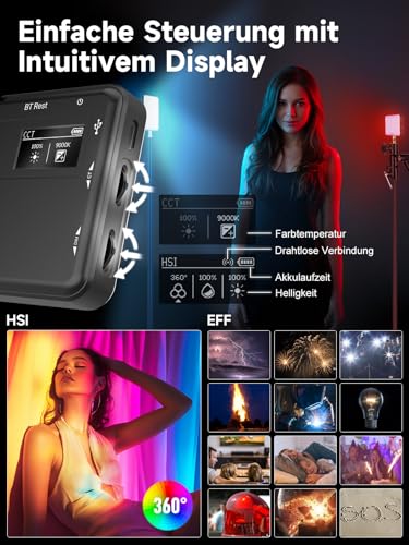 Rollei LUX Compact RGB Kamera Licht, Led Dauerlicht mit 360 Farben und 13 Lichteffekten, Kompackte LED Fotolicht 125g 98 CRI/TLCI mit Integrierter Akku, Fotolicht-Dauerlicht-Fotografie-Kamera-Licht
