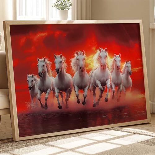 Image of HOTHOUSE 7 Horses Vastu Frame Wall Art Painting for Living Room Bedroom Office Home Decor | Seven Running Vastu Lucky Horse Rising Sun Painting Wall Decor Size (19X25 inch)