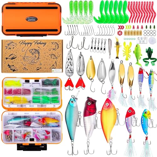Fishing Lures Kit for Freshwater Tackle Box Kit for Bass Trout, Fathers Day Dad Gifts for Men Dad Husband Boys Beginner, Bait & Other Accessories Fishing Gear Gifts Ideas 105pcs Orange