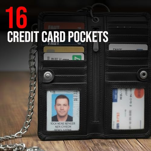 Image of CLASSIC Motorcycle Chain Wallet for Men - Premium Cowhide Leather, RFID Bi-Fold Biker Wallet with Heavy Duty Chain for Bikers Truckers & Hunters, Credit Card Money Organizer Long Wallet Aniline Black