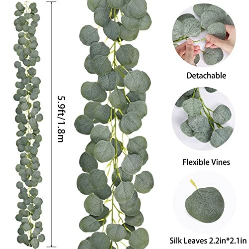 8pcs 48ft Artificial Eucalyptus Garland, Silver Dollar Eucalyptus Leaves Vine, Faux