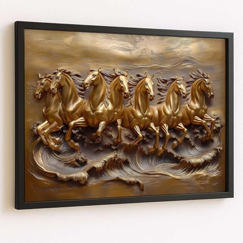Image of HOTHOUSE Seven Running Vastu Lucky Horse Painting | 7 Horses Vastu Frame Wall Art Painting for Living Room Bedroom Office Home Decor Wall Decor Size (10X13 inch)