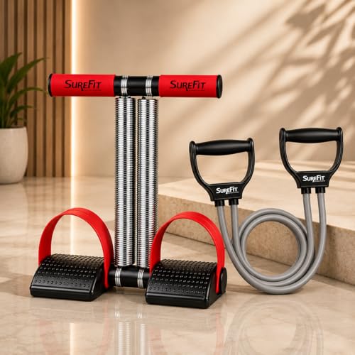 Image of SUREFIT Double Spring Tummy Trimmer with Resistance Tube - Heavy Duty Full Body Workout Abdominal Exerciser-Standard Size (Maroon)