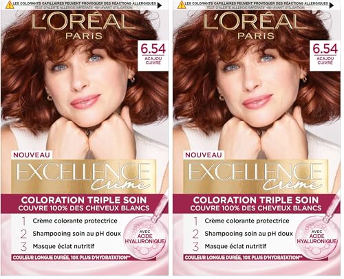 L'Oréal Paris Excellence Crème Coloration Permanente Cheveux - Nuance : Acajou Cuivré (6,54) (Lot de 2)