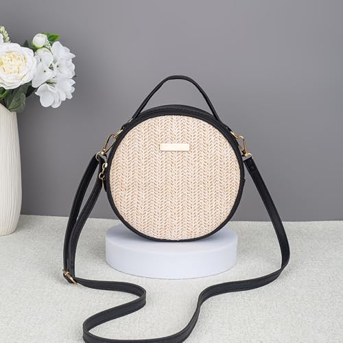 Bolso circular de ratán tejido para mujer, bolso de paja natural con asas de cuero sintético, ligero, ideal para verano, bandolera o tote miniatura 3