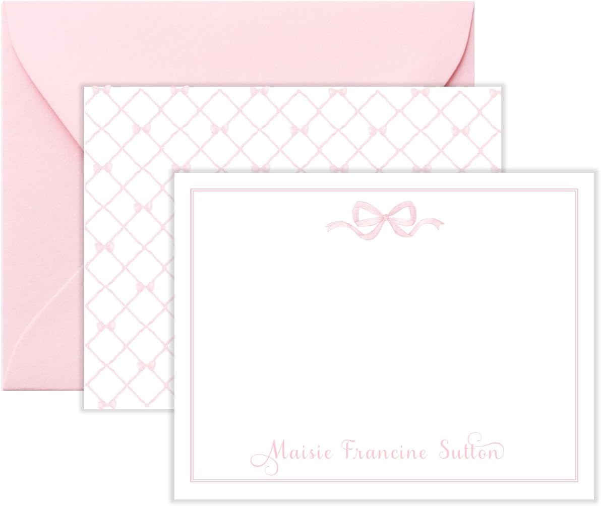 Co Personalized Pink Bow Note Cards for Girls - Bow Stationery for Girls with Envelopes, Pink Thank You Cards for Girls, BS-2302