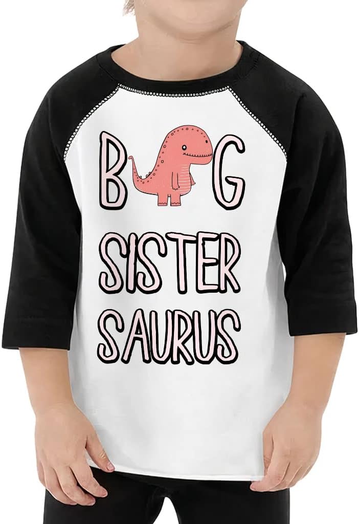 Big Sister Saurus Toddler Baseball T-Shirt - Cute 3/4 Sleeve T-Shirt - Dino Kids' Baseball Tee