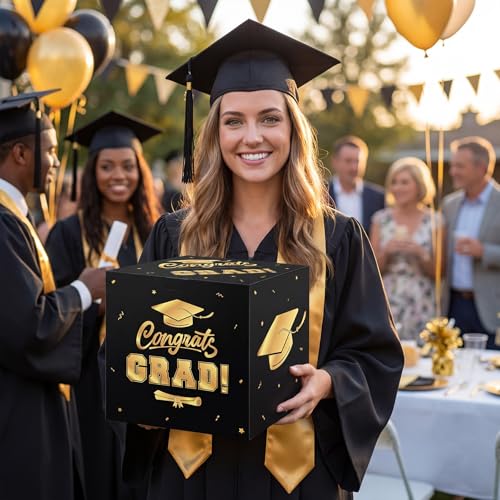 Litmitfu Graduation Decorations 2026 Card Box, Black Gold Congrats Grad Paper Gift Crad Boxes Holder for Class of 2026 Graduation Party Decoration Supplies Table Decor Favors Props, 9 x 9 x 9 inches — view 6