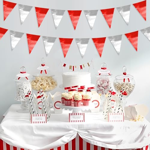 Image of 65FT Red Silver Glitter Triangle Pennant Banner Flag Metallic Bunting Fabric Garland for Christmas Graduation Wedding Engagement Anniversary Bachelorette Bridal Shower Valentine's Party Supplies