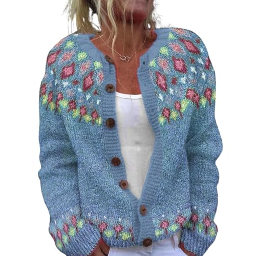 Women Floral Print Fair Isle Sweater Crewneck Button Down Cardigan Sweaters for Women Fall Open Front Knit Jacket