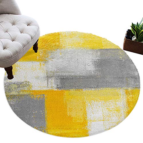 Ambehome Round Fluffy Soft Area Rugs, Abstract Yellow And Grey Painting Circle Rug Fluffy Carpet, Shaggy Floor Mat Furry Large Rug For Living Room Bedroom Home Decor, 4Ft Artwork Street Painting #TOP4