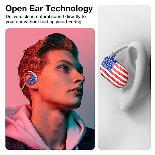 Image of Purity Air Open Ear Headphones - True Air Conduction Wireless Bluetooth Open Ear Earbuds with Dual Mic for iPhone /Android - Secured Long Wearing Comfort, Sports Sweat Resistant (US Flag /Star)