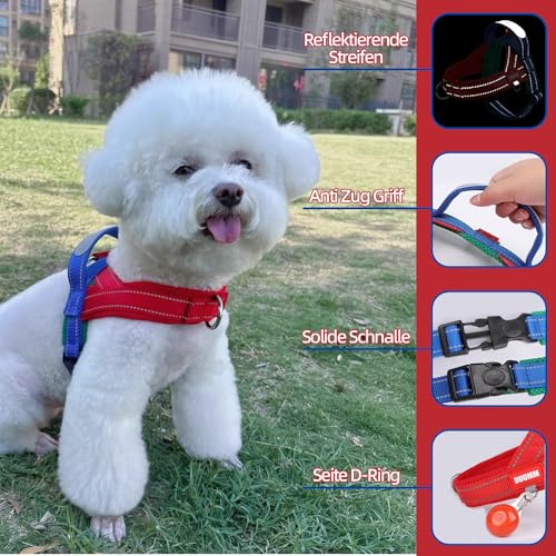 LiebeDD Hundegeschirr mit Leine für Mittelgroße Kleine Hunde Welpen, Bunt Farbblock Geschirr, Mesh Gepolstert Brustgeschirr Hund mit Griff und Brustring, Reflektierend & Leicht, RotBlau, S