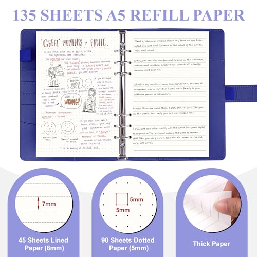 AKONEGE A5 Ringbuch, 6-Ring Ringbuch A5 nachfüllbar, mit 135 Blatt Nachfüllpapier, 3 Bindertaschen, 6 Registerkarten, Haftmarkern, Binder Planer-Organizer für Reisen, Arbeit und Schule, Marineblau
