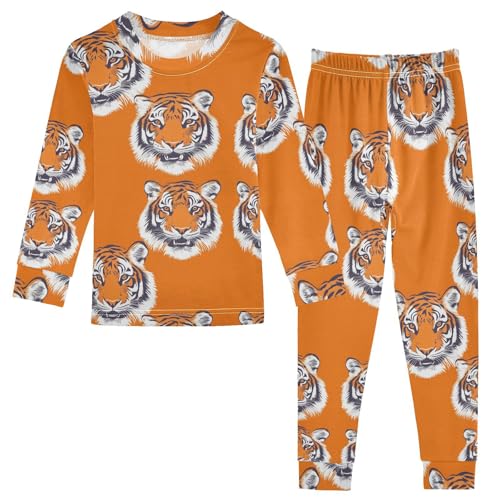 Pajama Sets Long Sleeve Tiger Faces on Orange Soft Comfy Sleepwear 2 Piece PJS 3-8T