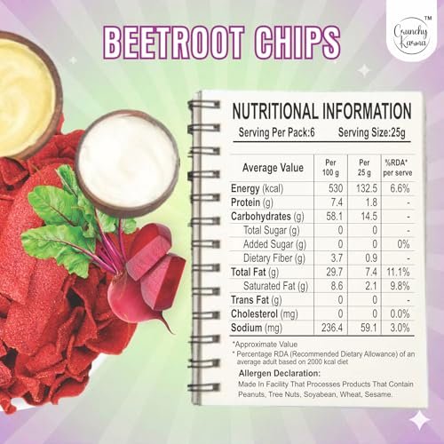 Image of Beetroot Chips Masala Flavor | Healthy Baked Vegetable Chips | Healthy Gluten Free Snack | High Fiber & Low Cholesterol Veg Chips | No Added Preservatives | Crispy Beetroot Snacks for Kids & Adults | 150g