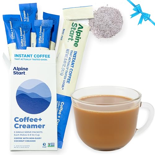 Alpine Start Instant Coffee Packets with Creamer Single Serve - Individual Latte Powder Mix from Arabica Coffee Beans with Non-Dairy Cream for Travel, Hiking, Backpacking (0.49 OZ) Box of 5 Sticks
